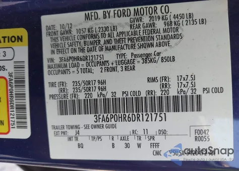 2013 Ford Fusion Se из США, поврежденный, VIN 3FA6P0HR6DR121751